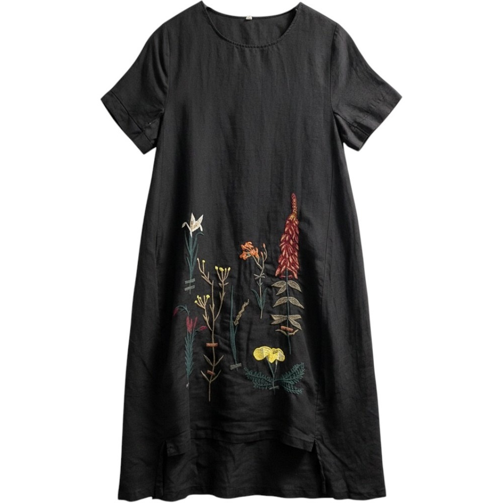 Black Dress Linen Cotton Blend Midi Wild Floral Embroidered Size M Lagenlook